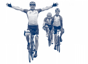 Three RAFA Rides participants on their bikes in a line - the person nearest the front is holding his arms out stretched, victorious at finishing the event. The other two riders are just behind with big smiles on their faces.